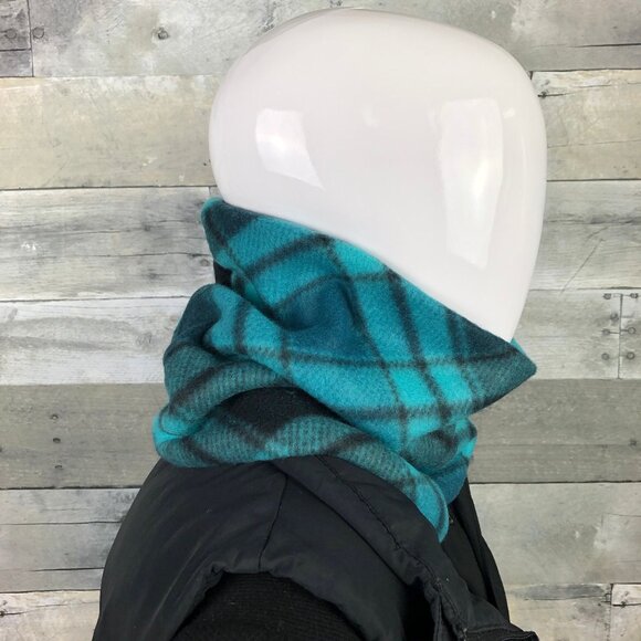 Turquoise Plaid Fleece Neck Gaiter: Tartan Scarf Warmer - Picture 4 of 9